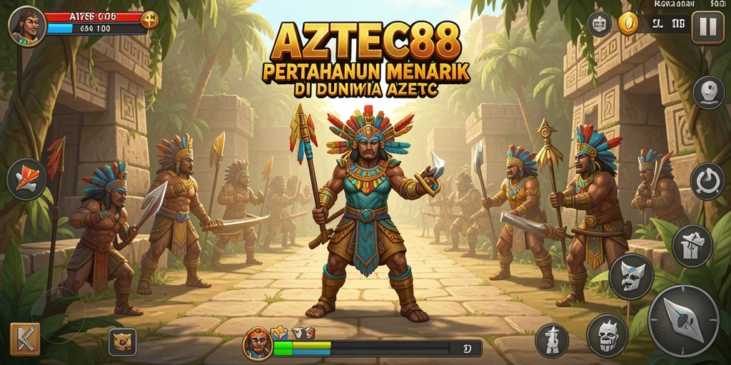 Screenshot AZTEC88 menunjukkan pertempuran menegangkan di menara pertahanan.