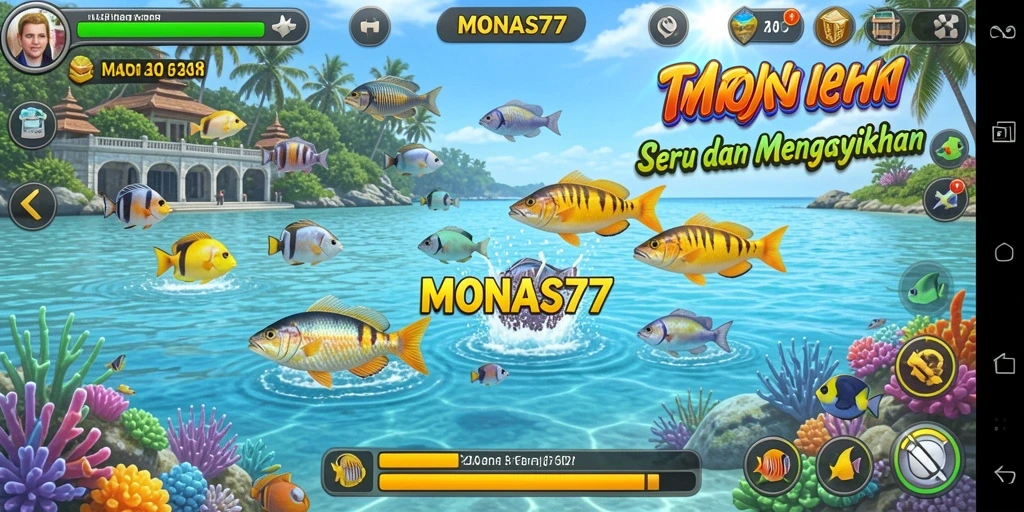 Screenshot gameplay MONAS77 menampilkan serunya menembak ikan.